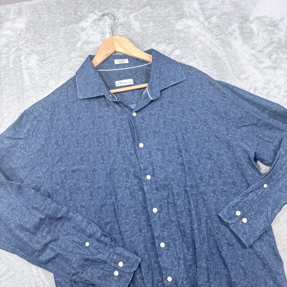Peter Millar Shirt Mens XL Blue Paisley Cotton Linen Long Sleeve Button Down